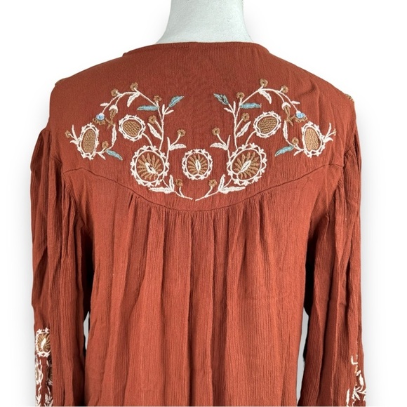 Free People Wild Dreams Embroidered Tunic Top Dress Rust Long Sleeve Peplum - Picture 6 of 9